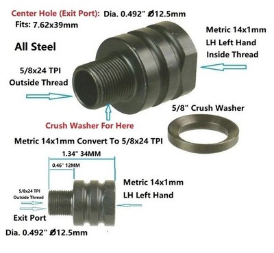 14x1 LH Thread Convert To 5/8X24 Outside Thread TPI Muzzle Brake Adapter