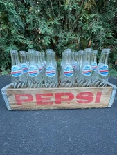 Lot of 24 Vintage Diet Pepsi Cola Glass Bottles /Wood Laced Criss Cross Crate