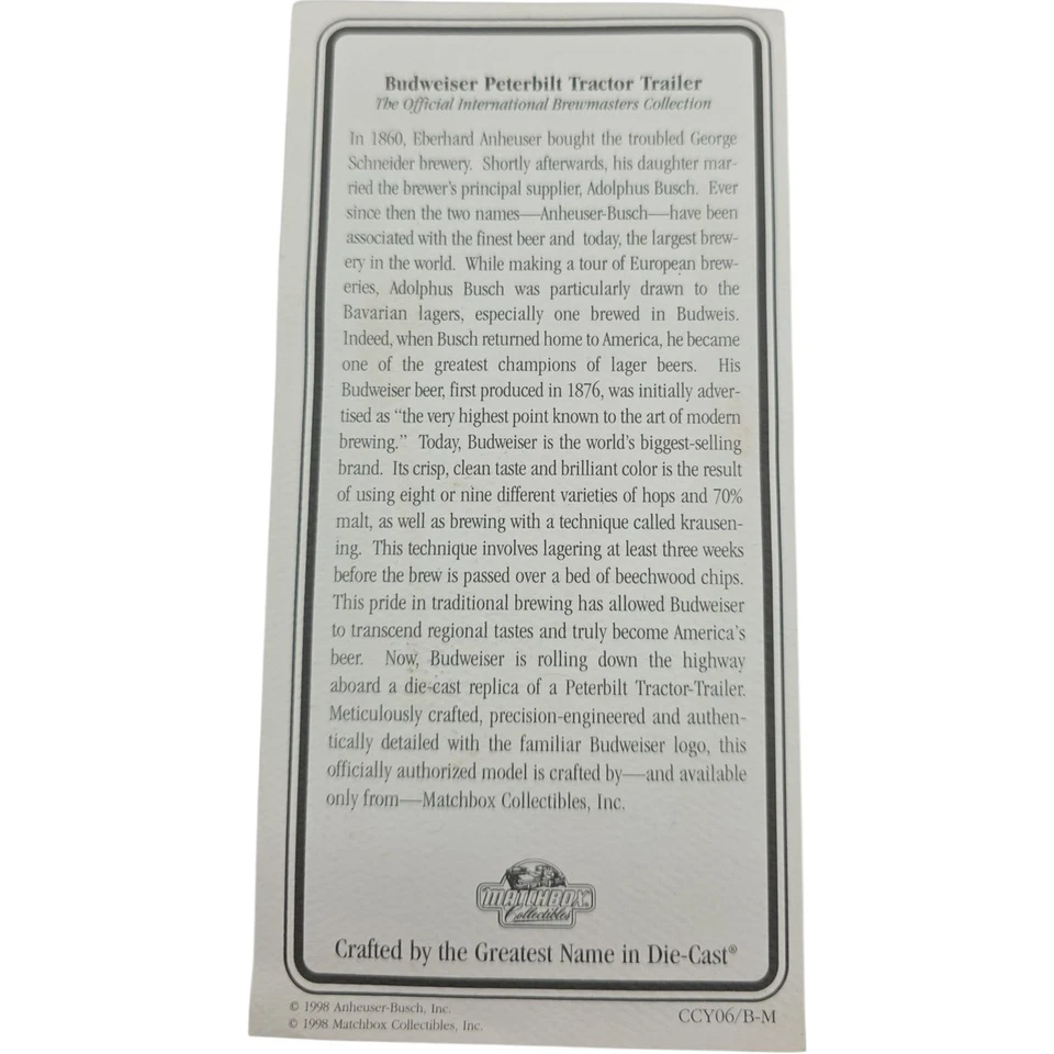 Matchbox Collectibles Budweiser Peterbilt Tractor Trailer Die-Cast with COA 1998 - Image 3 of 4