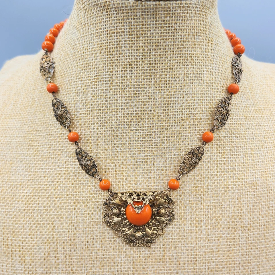 Colar de lapela filigrana dourada com contas de vidro laranja revestido tcheco Art Deco 16" - Imagem 4 de 4