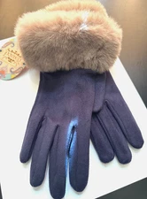 POWDER DESIGN "Bettina" Gloves: Faux Fur & Faux Navy Suede-One Size-NEW
