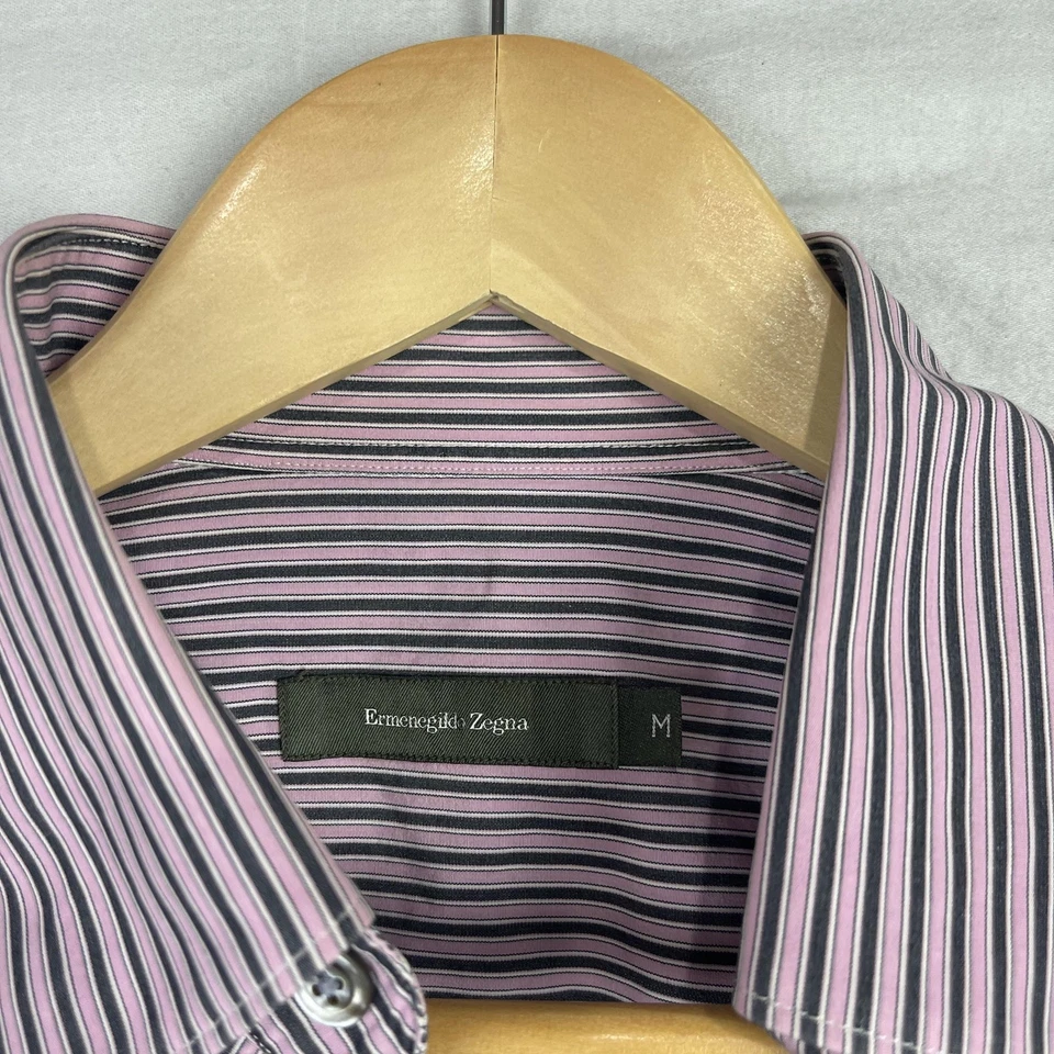 Ermenegildo Zegna Shirt Mens Medium Pink Black Striped Button Down Long Sleeve - Image 3 of 4