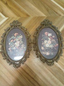 Vintage Italian Floral Prints Pair Brass Ornate Frames
