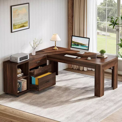 Capen 63 In. Walnut Wood Executive Desk with Movable File Cabinet Rustic Home Of