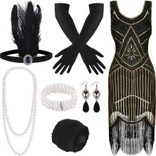 1920s V-Neck Sequin Beaded Fringed Dress Black Golden XL with 20s Accessorie Set