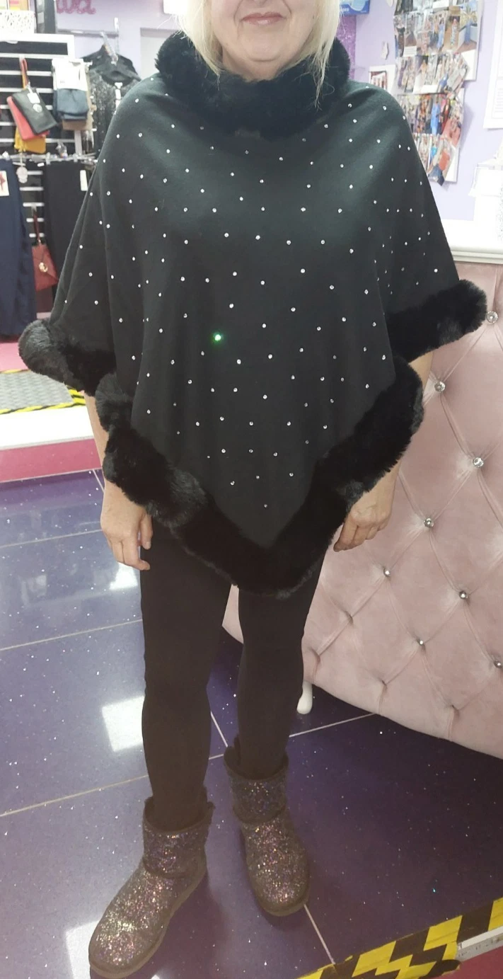 New Black & Silver SPARKLY DIAMANTE' Gem FAUX FUR Poncho One Size 16-18-20-22-24