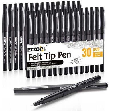 Black Felt Tip Pens, 30 Pack, 0.7mm Premium Medium Fine Point, Felt Tip Marke...