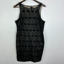 LOFT Crochet Lace Shift Dress Womens 12 Black Scalloped Sleeveless Keyhole Boho