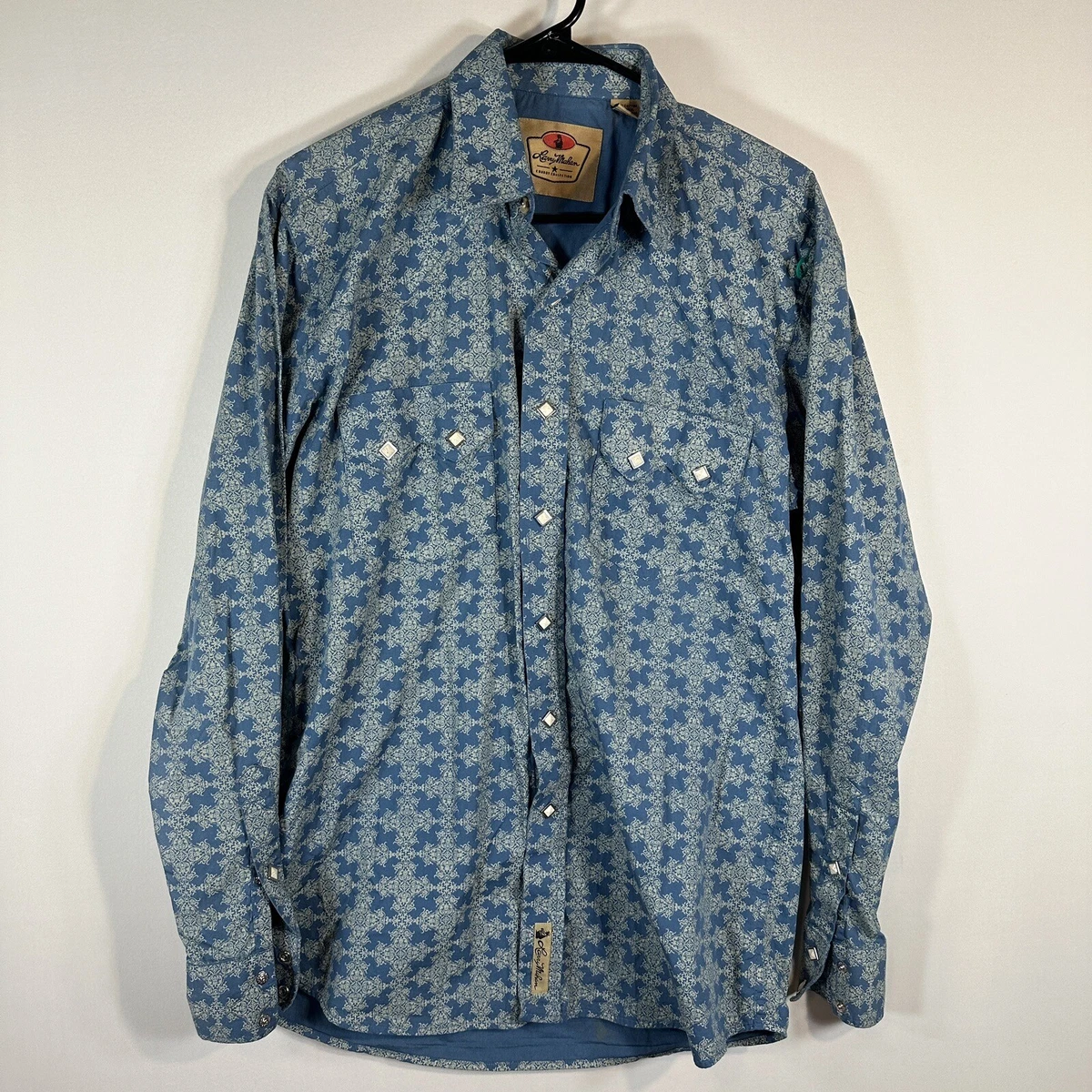 Larry Mahan Damask Print Mens Blue Long Sleeve Diamond Pearl Snap