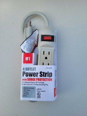 4 Outlet Compact AC POWER STRIP Ivory color w/ Surge Protector 2' ft Cord 62497