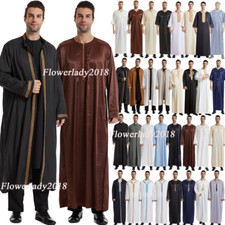 Muslim Men Jubba Thobe Islamic Thoub Eid Ramadan Dishdasha Arab Robe Abaya Dress