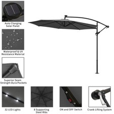 Cantilever Parasol 3M 10FT LED Hanging Umbrella Crank Handle Solar Lights