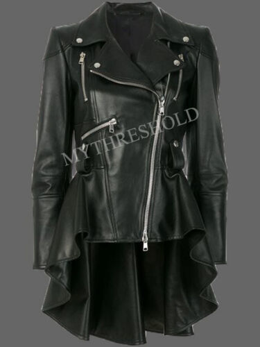 Women's Genuine Lambskin Black Peplum Waist Designer Biker Leather Jacket - Picture 1 of 5