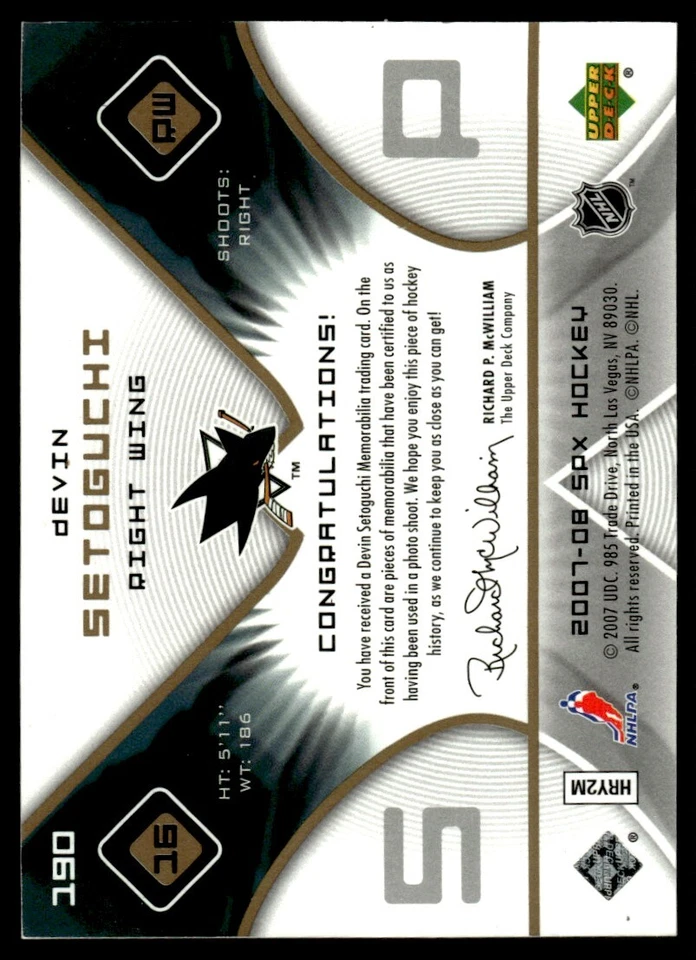 2007-08 SPx JERSEY ROOKIE Devin Setoguchi Rookie /1599 San Jose Sharks #190 - Image 2 of 2