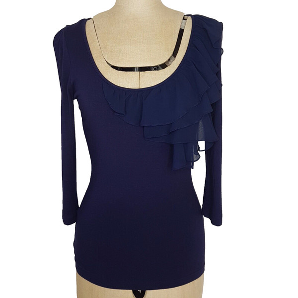 Review T Shirt SZ 8 Ruffled Scooped Neck Blue Asymmetrical Stretch