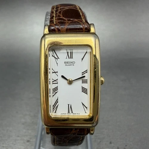 Seiko Tank Watch Women 17mm White Dial Gold Tone Rectangle 1N00-5C99 New Battery