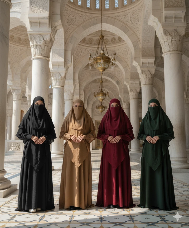 Islamic Muslim 2 Piece Set Jilbeb Jilbab Abaya with Khimar and Niqab Hijab Dress - Image 2 of 4
