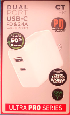 CT  Tek Dual Port USB-C  PD,  USB-A 2.4 Amp 32W Wall Charger Ultra Pro Series