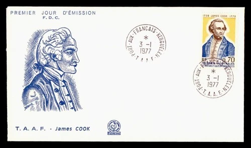 DR WHO 1977 FRENCH ANTARCTIC FSAT FDC CAPTAIN COOK CACHET M70625