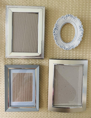 Set of 4 Silver and White Metal & Ceramic Photo Frames, Rectangle & Oval, Ornate
