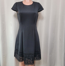 Vince Camuto Cap Sleeve Fit Flare Dress Women's Sz 6 Black Lined Laser Cut Hem
