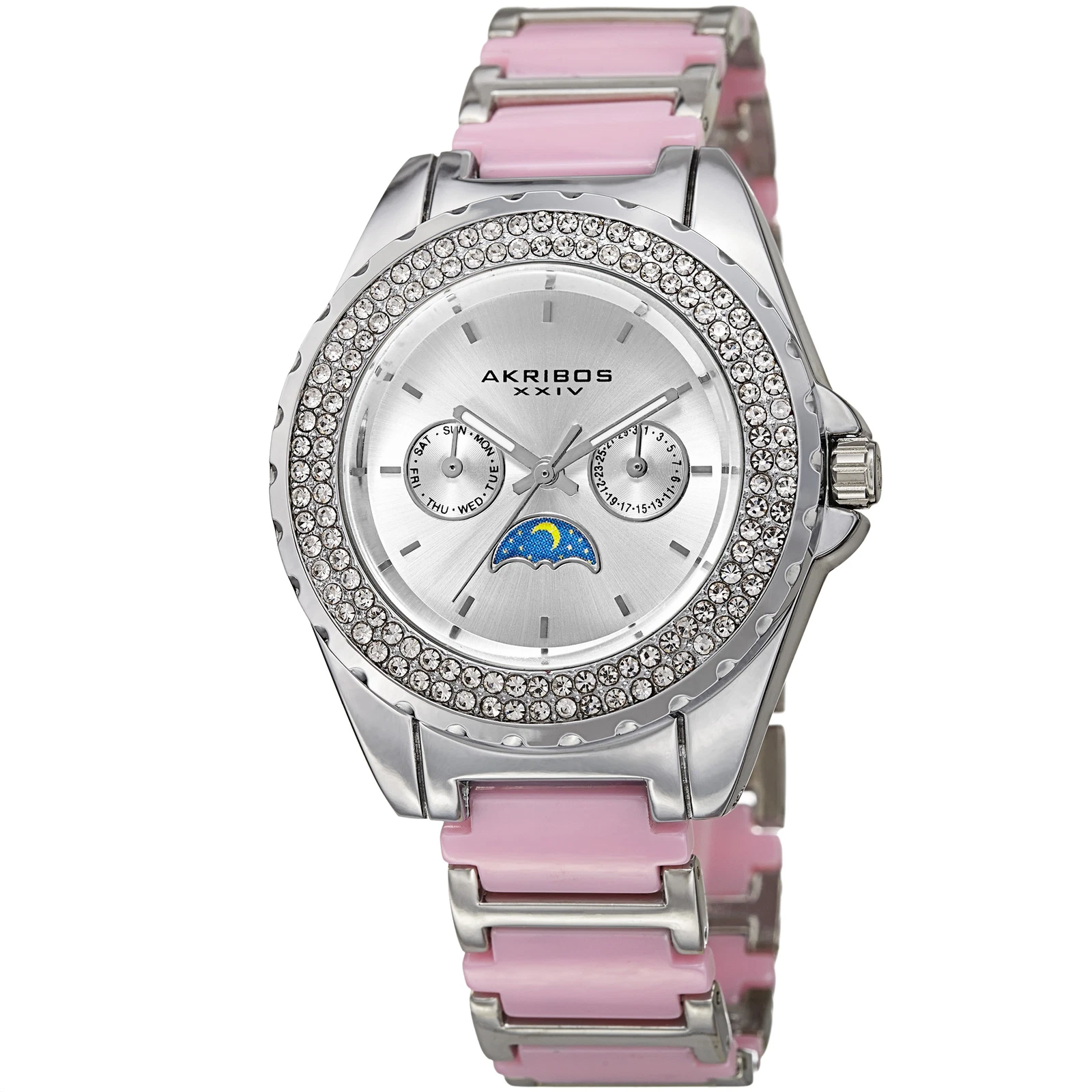 Women's Akribos XXIV AK961SSPK Multifunction AM PM Crystal Bezel Bracelet Watch