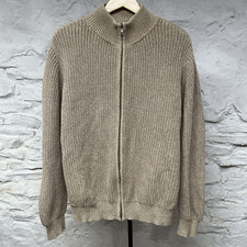LL Bean Beige Brown Full Zip Mock Neck Cotton Sweater Cardigan High Collar Large