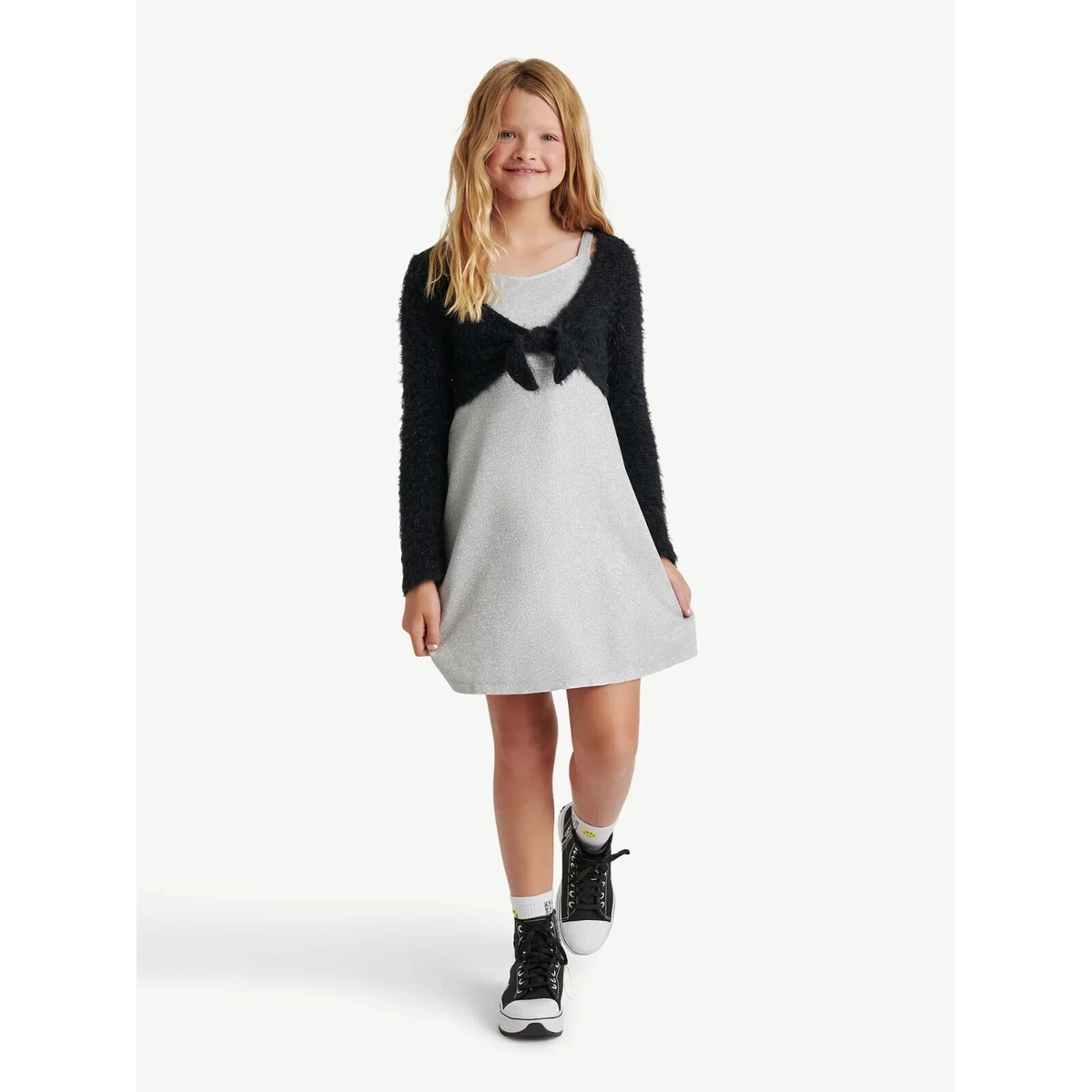 Justice Girls size L 12-14 Shimmer Dress With Fuzzy Overlayer COLOR Silver NEW
