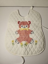 Vintage Cross Stitch Baby Bib Handmade Vintage Big With TEDDY BEAR Quillted