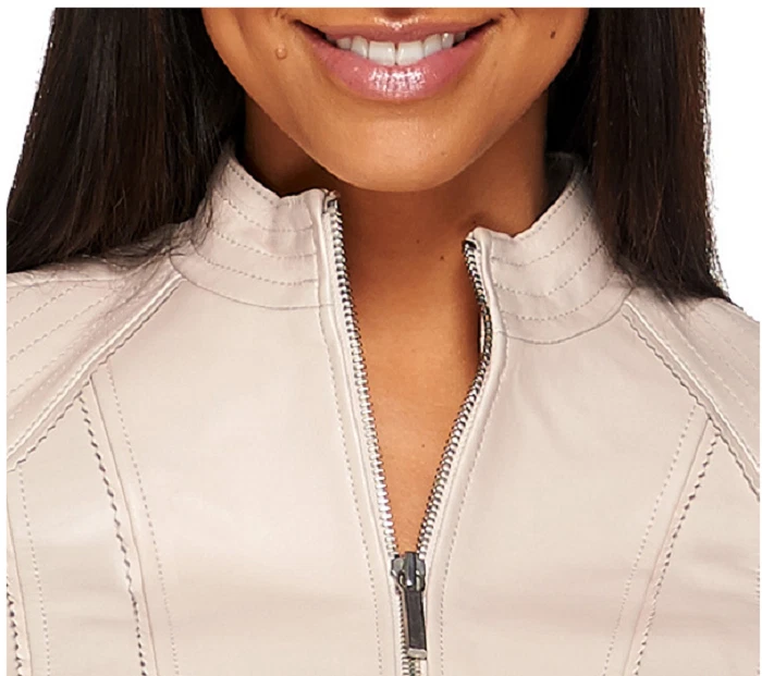 G.I.L.I. Chaqueta de cuero frontal con cremallera con detalle de costura, tiza, talla 2, precio de venta sugerido por el fabricante $303 Foto 4 de 4