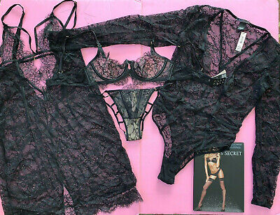 NWT Victoria's Secret unlined 34B BRA SET+S TEDDY one-piece Black lace  chantilly