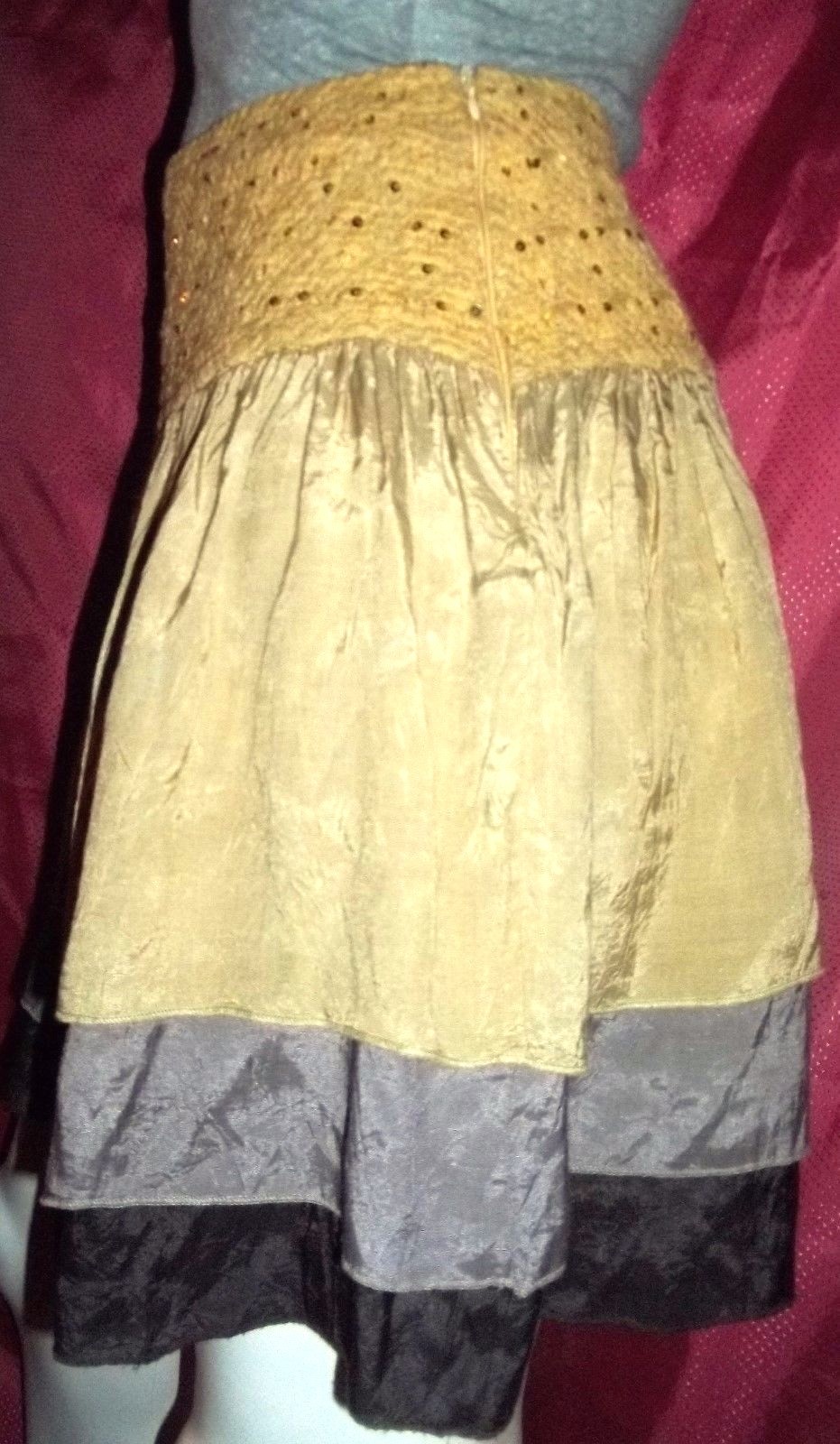 Etcetera Short Skirt Tiered Layered Lucent Gold Purple Crochet Sequin