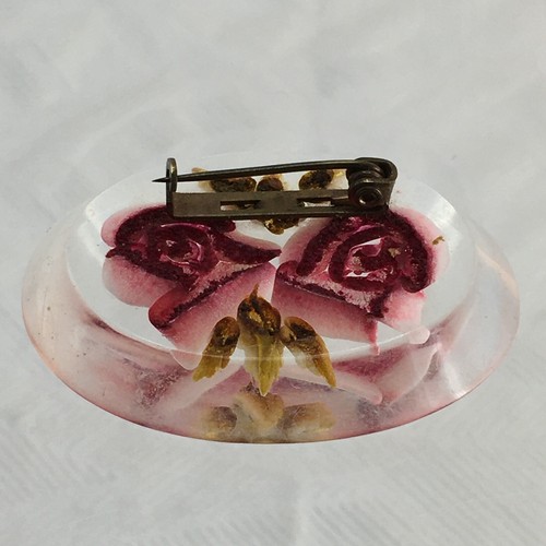 Pink Rose Flower Floral Reversed Carved Lucite Translucent Oval Intaglio Brooch - Picture 8 of 13