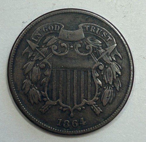 1864 Two Cent Piece Copper Coin Fine Details