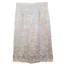 Vintage Silk Studio Beige Floral Damask Back Center Slit Midi Skirt