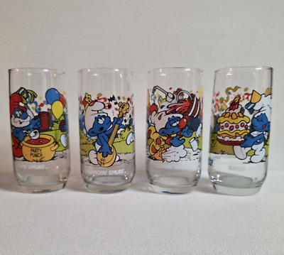 Lot of 4 Smurf Glasses 1983 Wallace Berrie & Co. 16 oz. 6'' Bright Colors Vintage