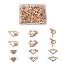 36Pc/Box Alloy Rhinestone Link Connector Light Gold Plated 6 Styles Heart Charms
