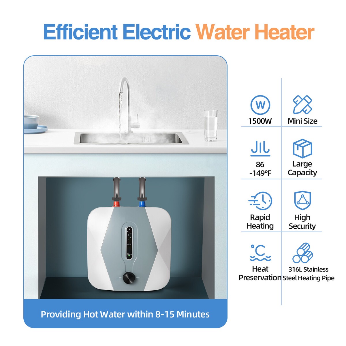 8L 1500W Under Sink Electric Instant Hot Water Heater Mini Small Water Tank