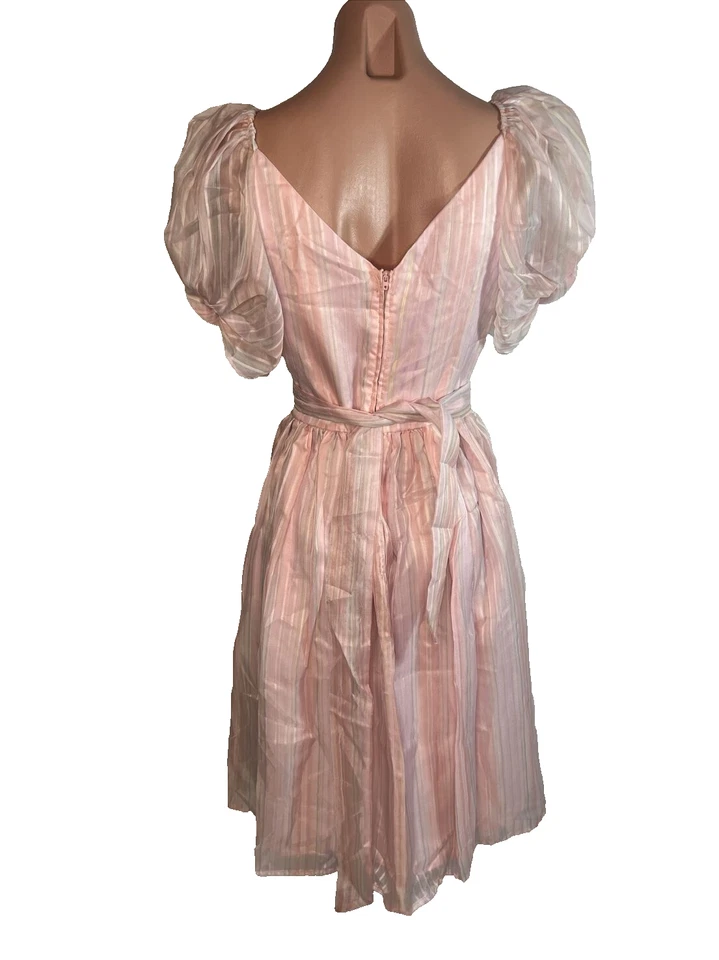 Vintage 80s Baby Pink Striped Dress Puff Sleeves Belted Prom Gown sz S/M - Image 2 of 4