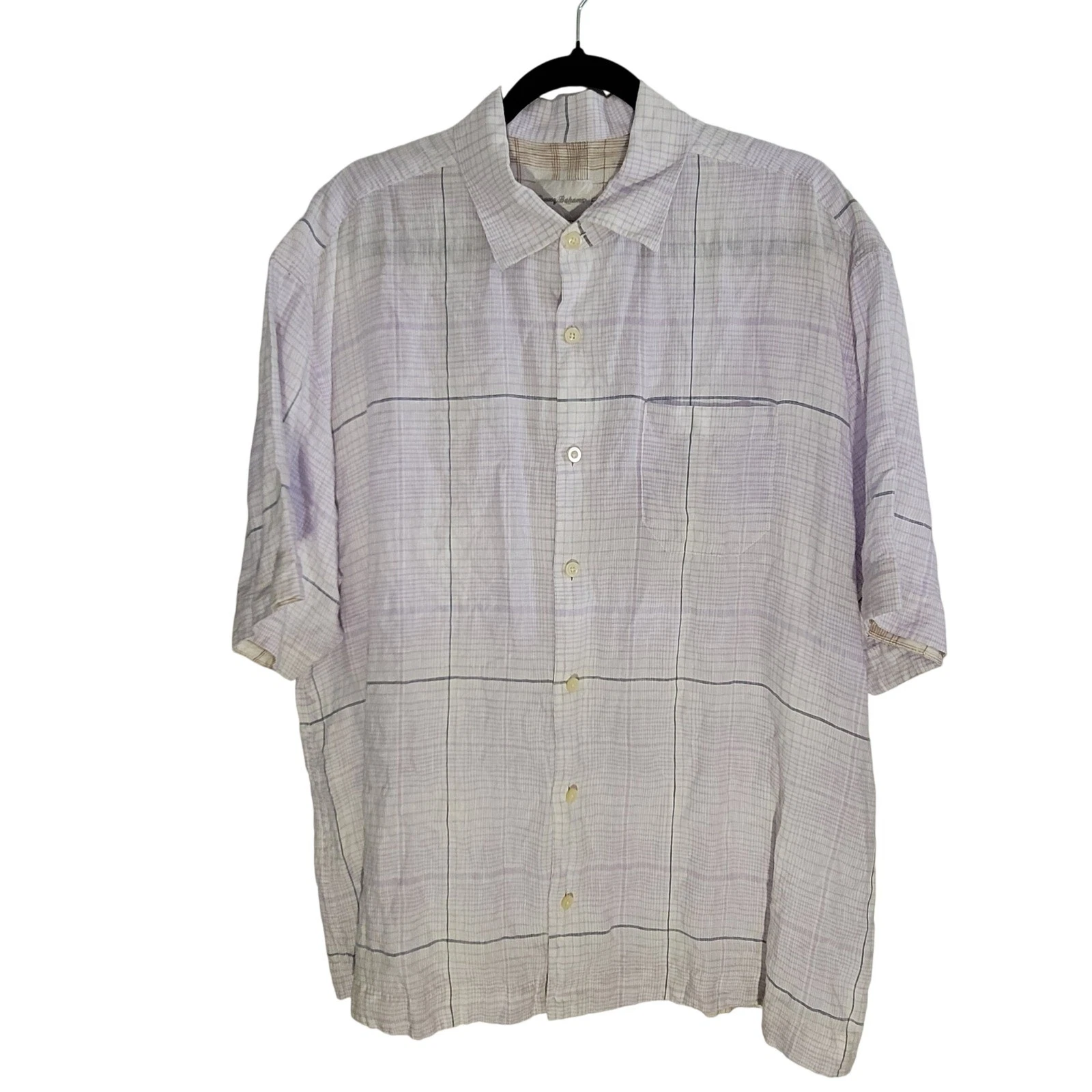 Tommy Bahama Button Up Shirt Mens XL Purple 100% Linen Plaid Short Sleeve Casual