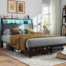 Bed Frame Full Size Metal Platform with Storage Headboard and Charging Station