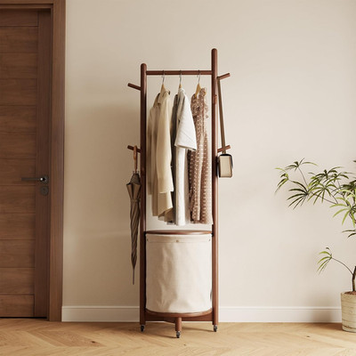Stylish Solid Wood Coat Rack with Fabric Basket & 9 Hooks on Wheels