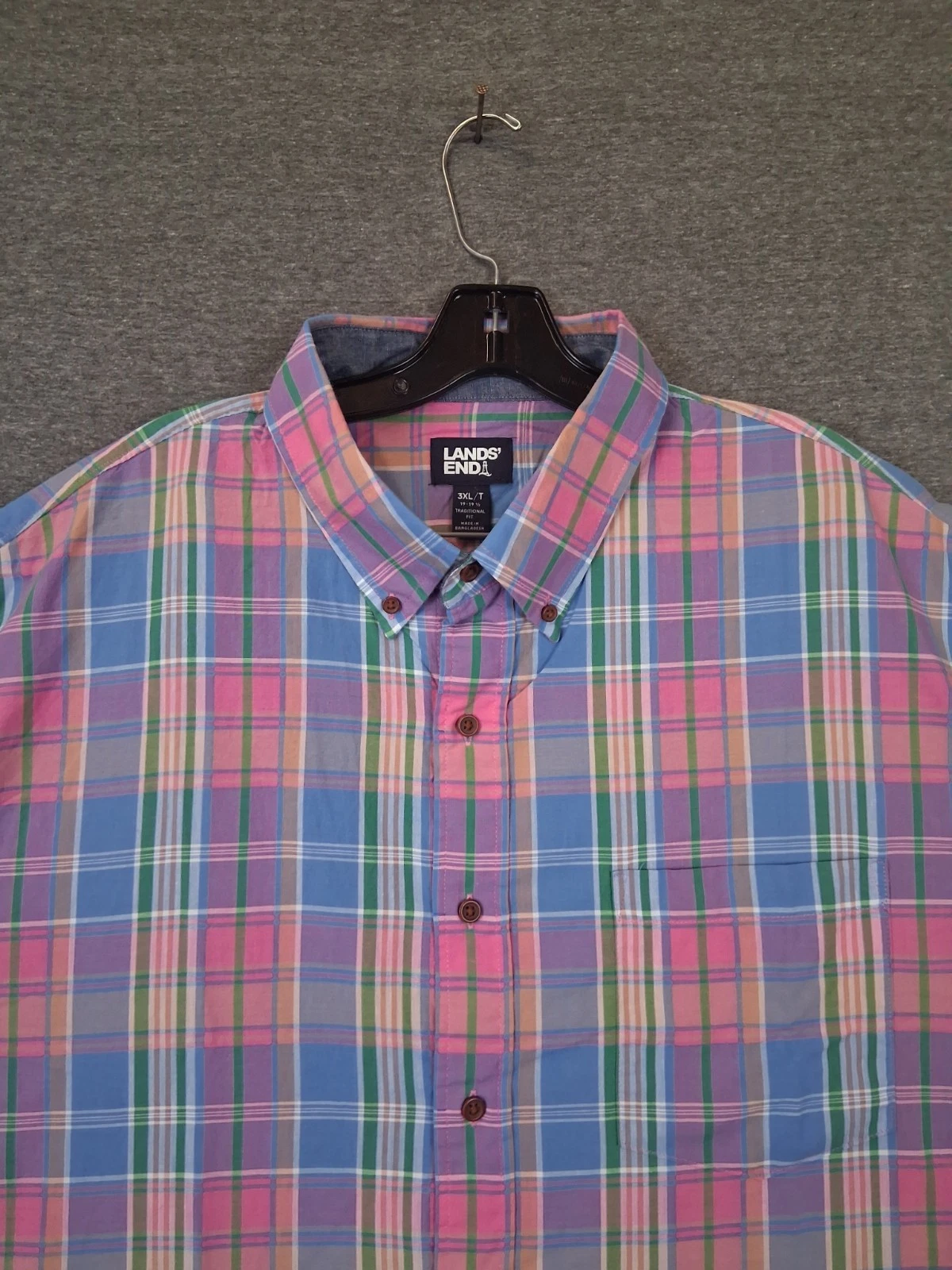 Lands End Mens Shirt 3XLT Blue Multi Plaid Coastal Resort 100% Cotton Spring