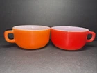 2~Vintage Anchor Hocking Fire-King Red & Orange D Handle Soup Bowls Chili Mugs