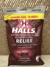 Halls ECONOMY PACK Black Cherry Cough  Throat Relief SUGAR FREE 70 Cough Drops