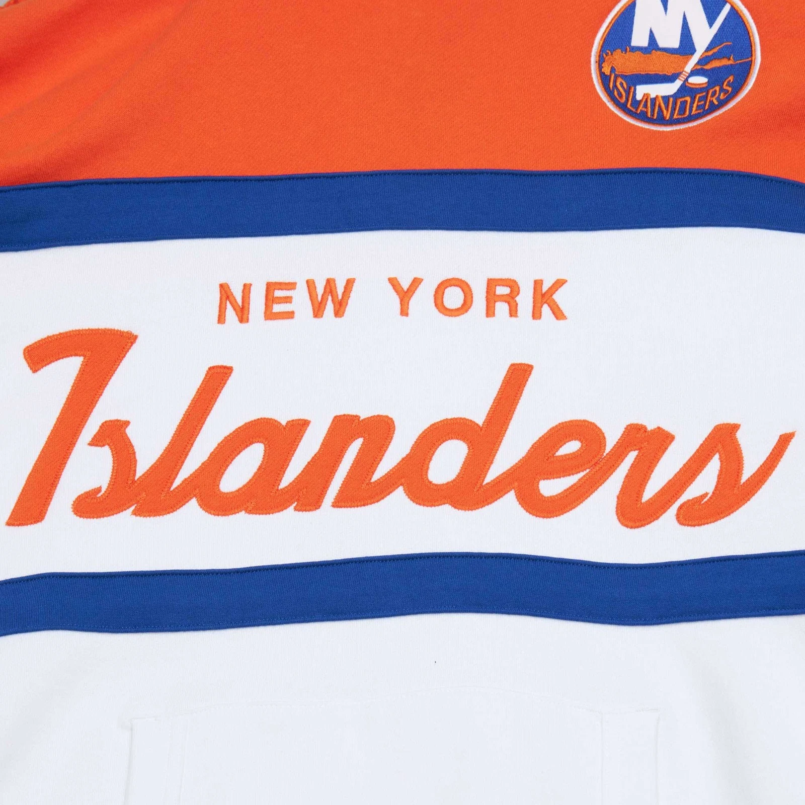 Felpa con cappuccio pullover uomo Mitchell & Ness bianco arancione New York Islanders Head Coach