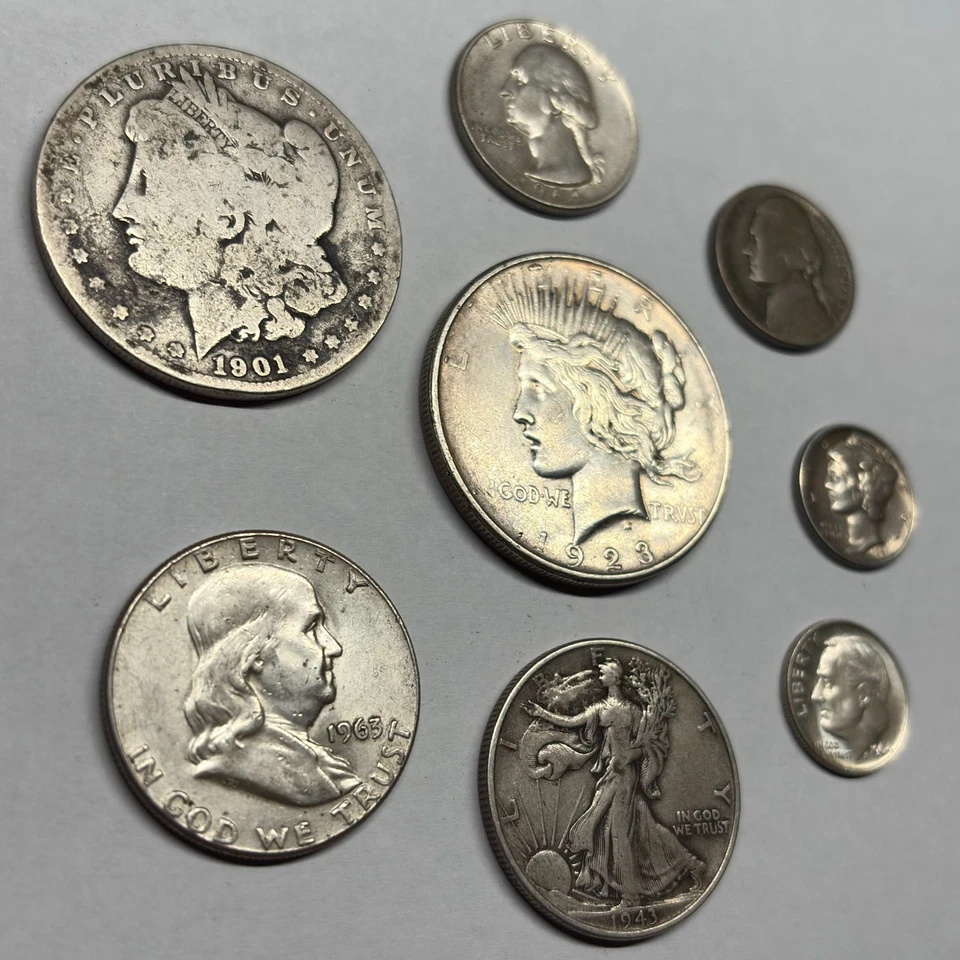 Lote de monedas de plata de Estados Unidos - ¡Kit de inicio! Morgan, Peace, Walker, Franklin, monedas de diez centavos Foto 2 de 4