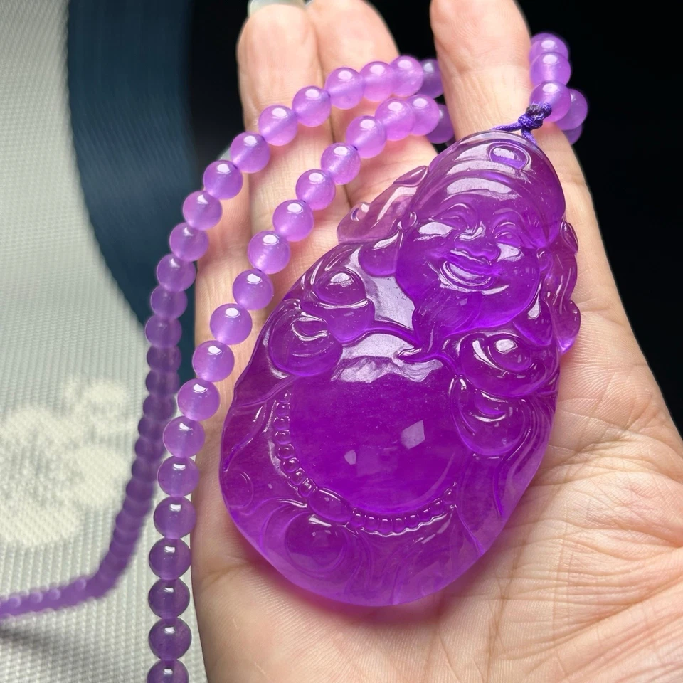 Настоящий натуральный лед фиолетовый нефрит жадеит Будда амулет подвеска и ожерелья - Изображение 3 из 4