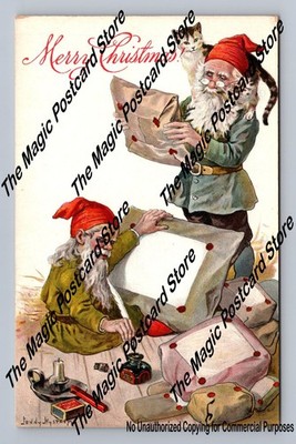 Christmas Elves w Cat Addressing Packages Antique Gnome Fantasy Postcard 1910s