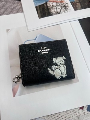 COACH Animal Dog Print With Chain Short Zip Around Wallet/Card Pack 11.5*9.5cm